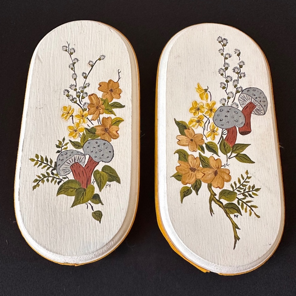 2 Vintage Hand-Painted Wooden Wall Art Panels Floral & Mushroom Signed 8"